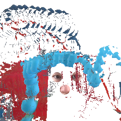 white canvas with red and blue blobs and pixels, and hyacinth's eyes and nose peeking through via three circles in the white canvas background